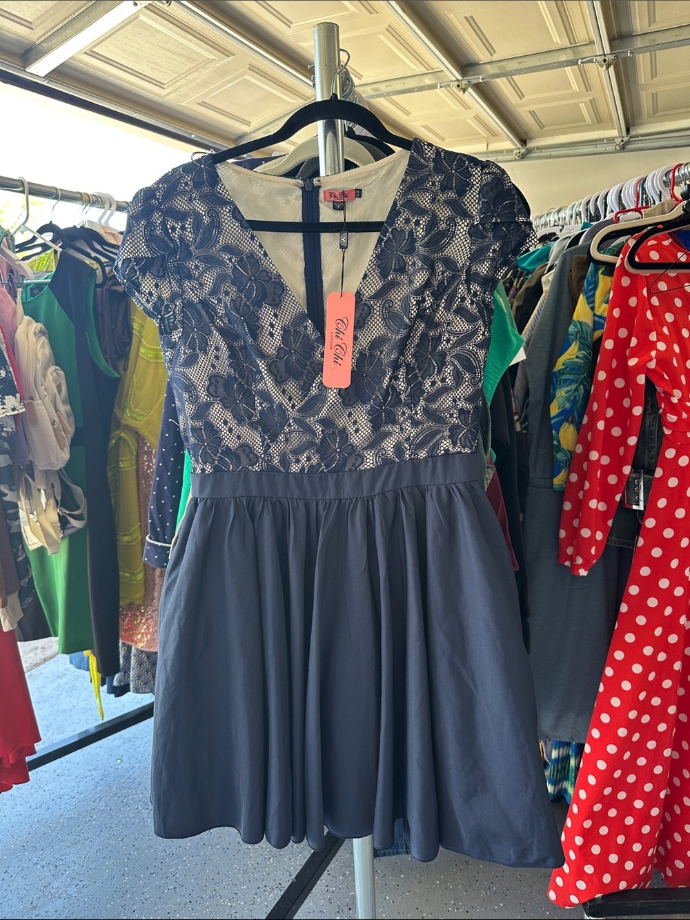 Chi chi London Lace Bodice Navy Cocktail Dress with pockets